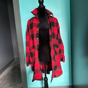 Red black buckeye flannel plaid patchwork cozy button up cardigan long flowy S